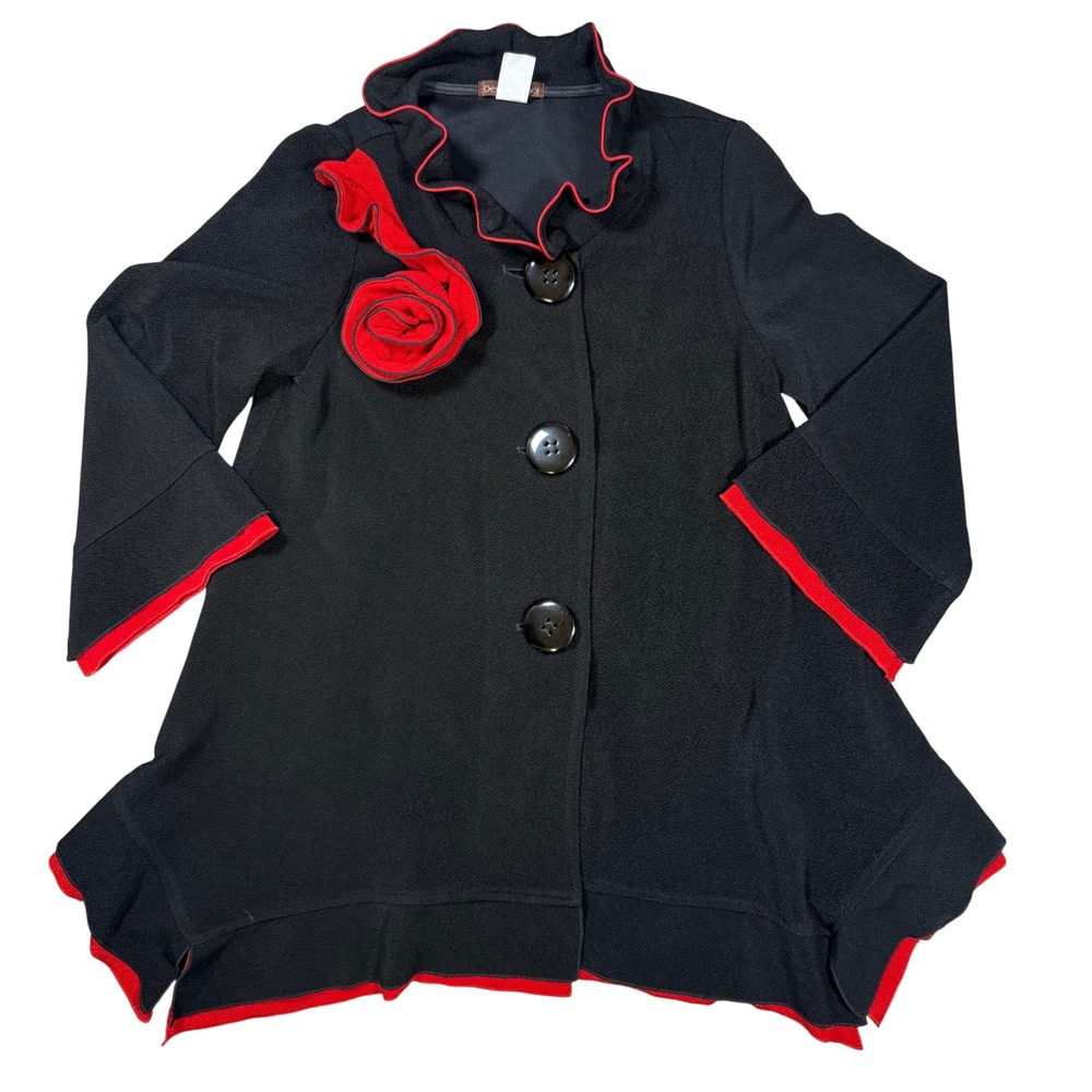 Lagenlook Black Red Rosette Ruffle Bell Sleeve VTG Sharkbite Jacket Whimsigoth
